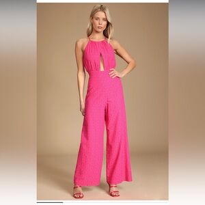NWT Lulu's Vibrant Hot Pink Floral Jacquard Wide-Leg Jumpsuit